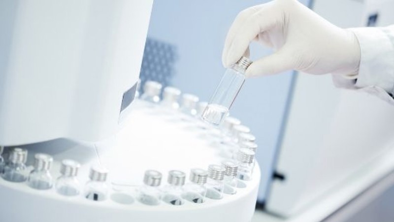 Rack of vials in research laboratory